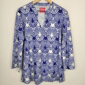 Gingy Blue White Geometric Print Tunic Top Womens XL Long Sleeve V Neck Boho